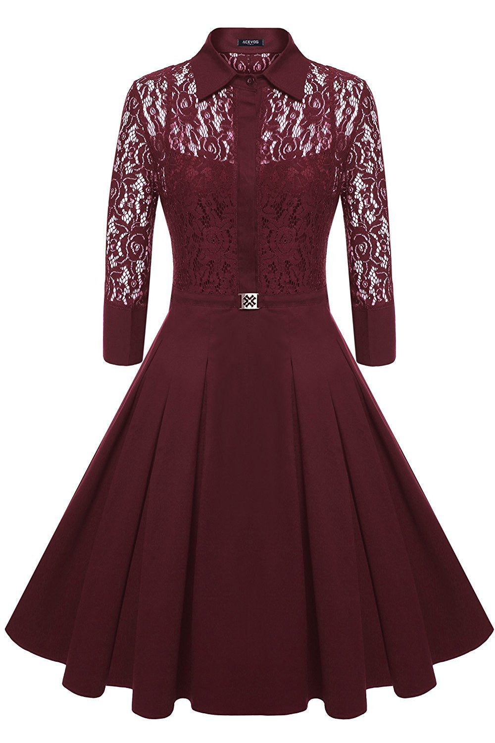 Fashion Lapel Hollow Out 3/4 Sleeve A-Line Knee-Length Dress