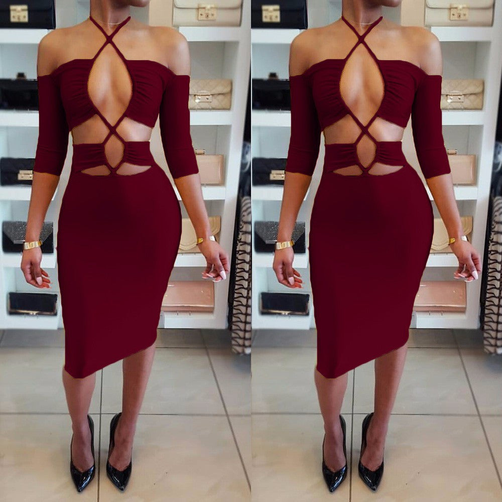 Elastic Solid Color Hollow Out Sexy Halter Bodycon Knee Length Dress