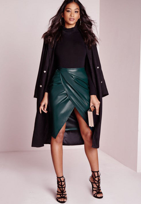 PU Patchwork Split Bodycon Irregular Long Skirt