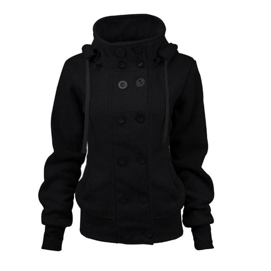 Double Breasted Drawstring Buttons Slim Regular Hooded Coat