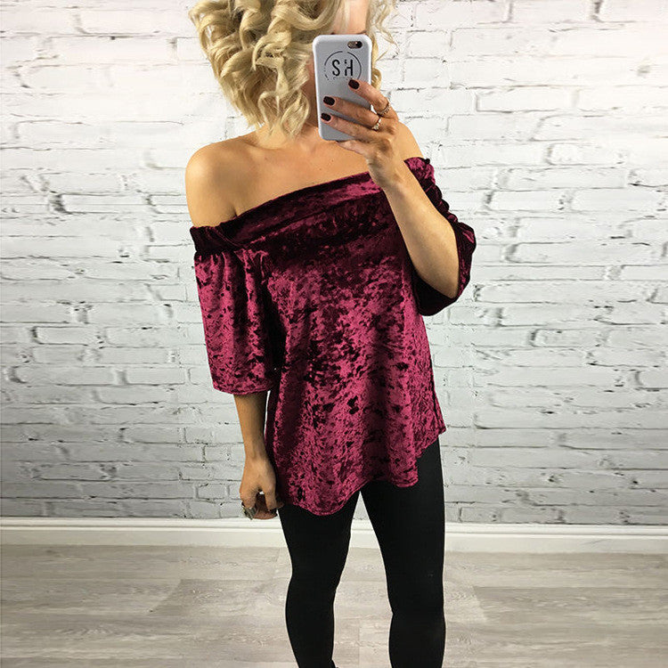Fashion Elastic Off Shoulder Short Sleeve Velvet Blouse