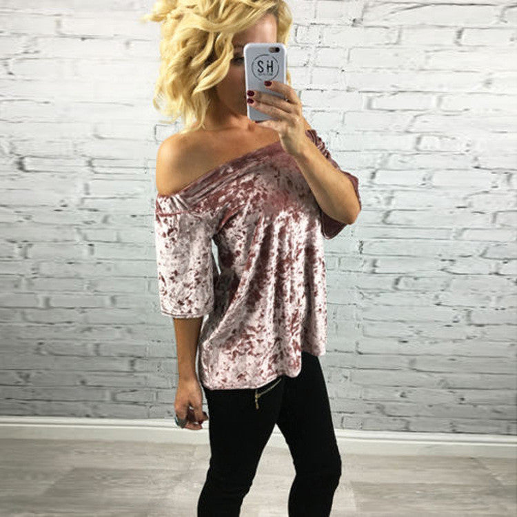 Fashion Elastic Off Shoulder Short Sleeve Velvet Blouse
