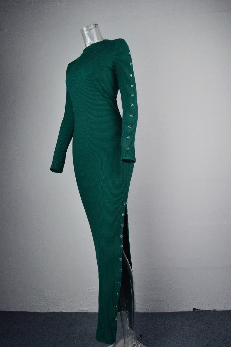 Sexy Scoop High Slit Button Decorate Long Bodycon Dress