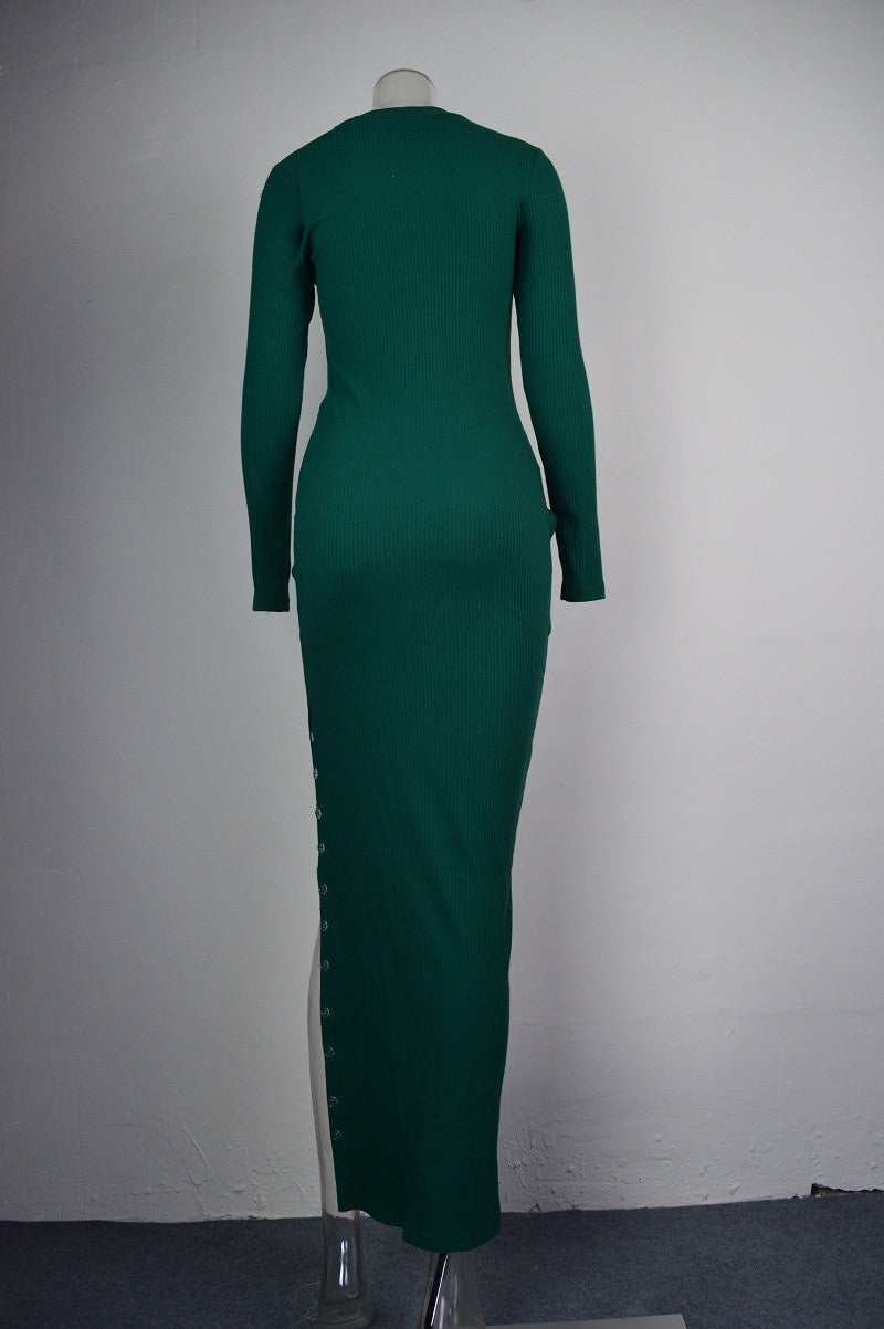 Sexy Scoop High Slit Button Decorate Long Bodycon Dress