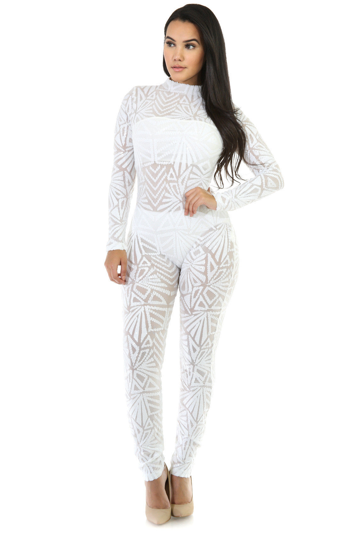 Sequins Long Sleeve High Neck See-Through Club Long Jumpsuit