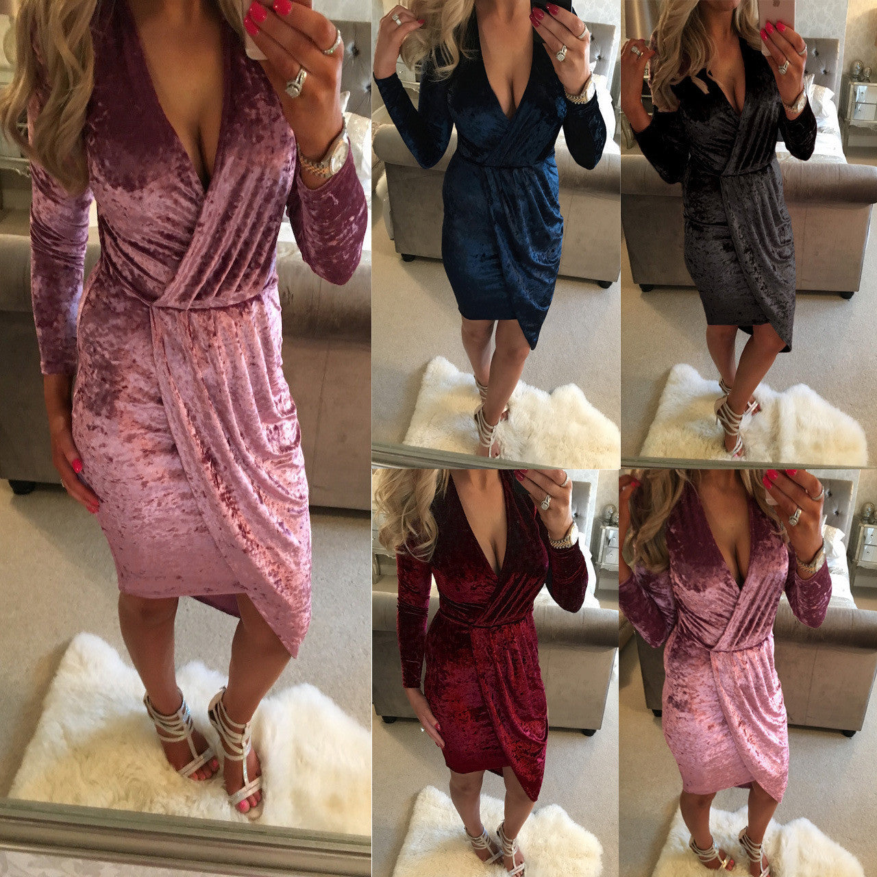 Sexy Pleuche Wrap Deep V Neck Long Sleeve Irregular Dress