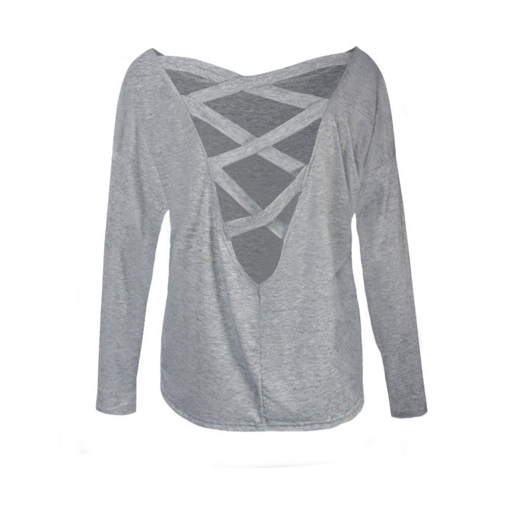 Fashion Back Criss Cross Long Sleeve Pure Color Blouse