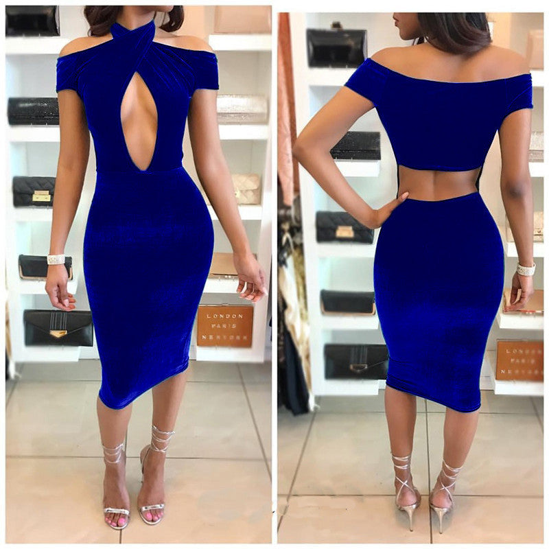 Sexy Off Shoulder Halter Hollow Out Knee-length Bodycon Dress