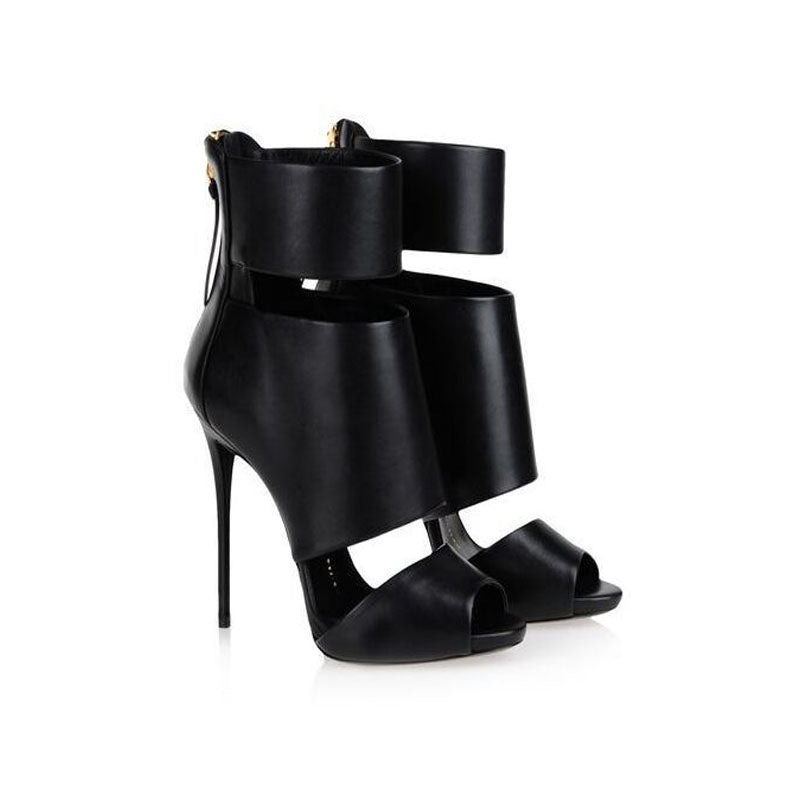 Black Leather Cutout Peep Toe High Heel Sandals