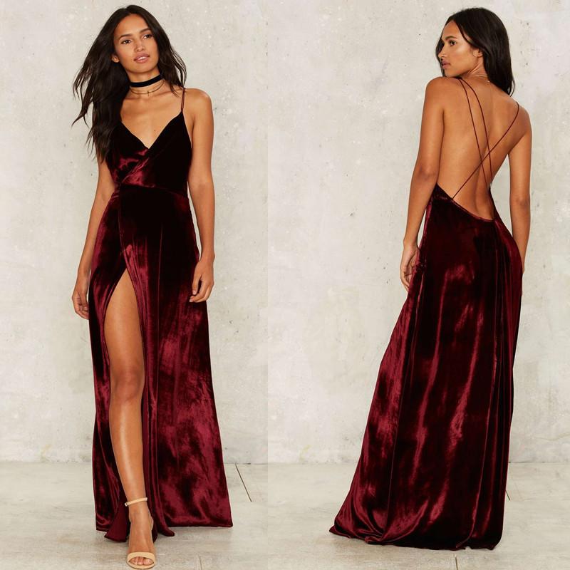 V-neck Sleeveless Solid Backless Split Party Long Dress