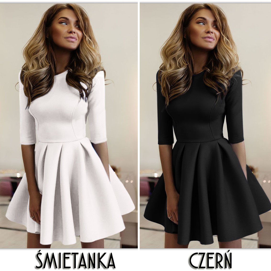 Pure Color Half Sleeves Scoop Pleated Short Dress