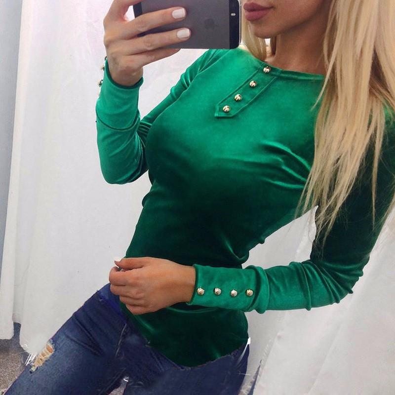 Scoop Long Sleeve Button Decorate Pure Color Slim T-shirt