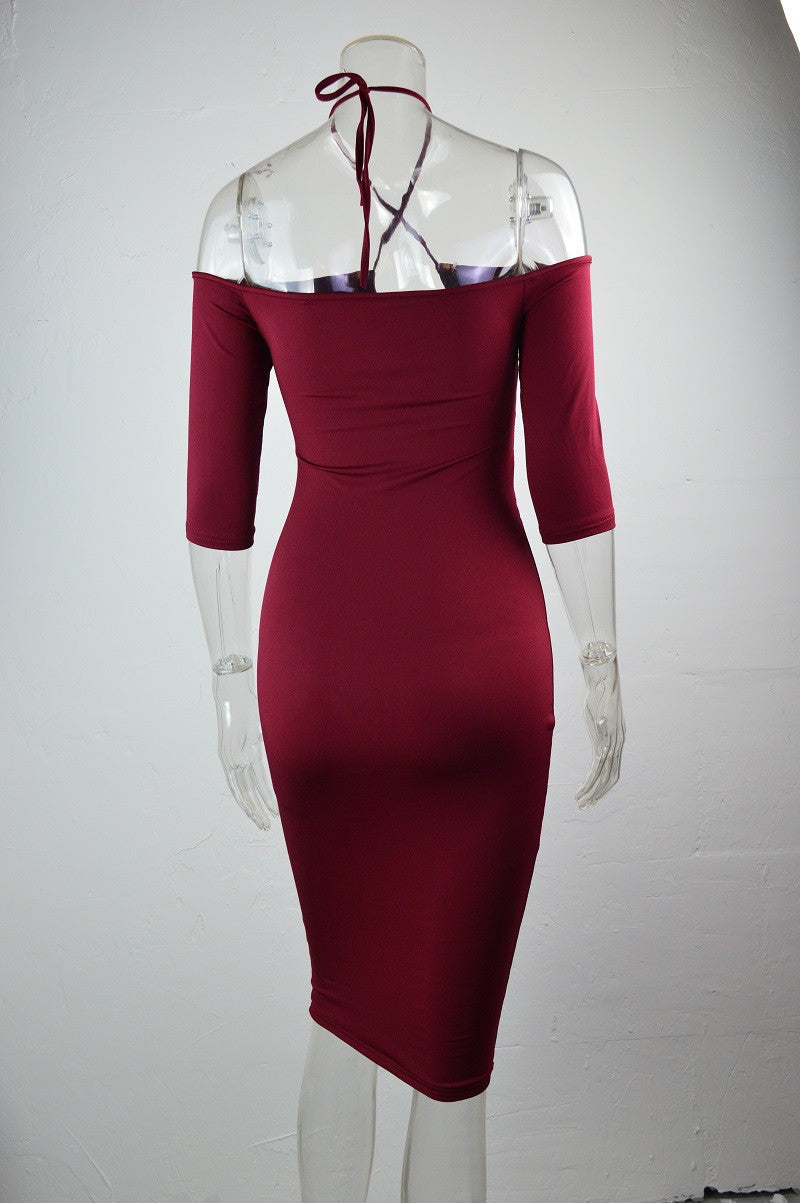 Elastic Solid Color Hollow Out Sexy Halter Bodycon Knee Length Dress