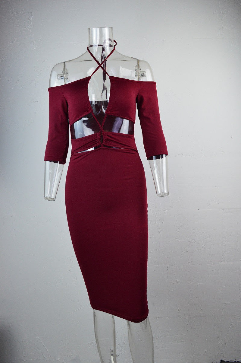 Elastic Solid Color Hollow Out Sexy Halter Bodycon Knee Length Dress