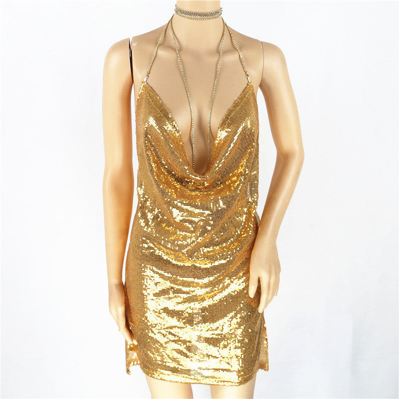 Sequins Halter Backless Short Bodycon Club Dress