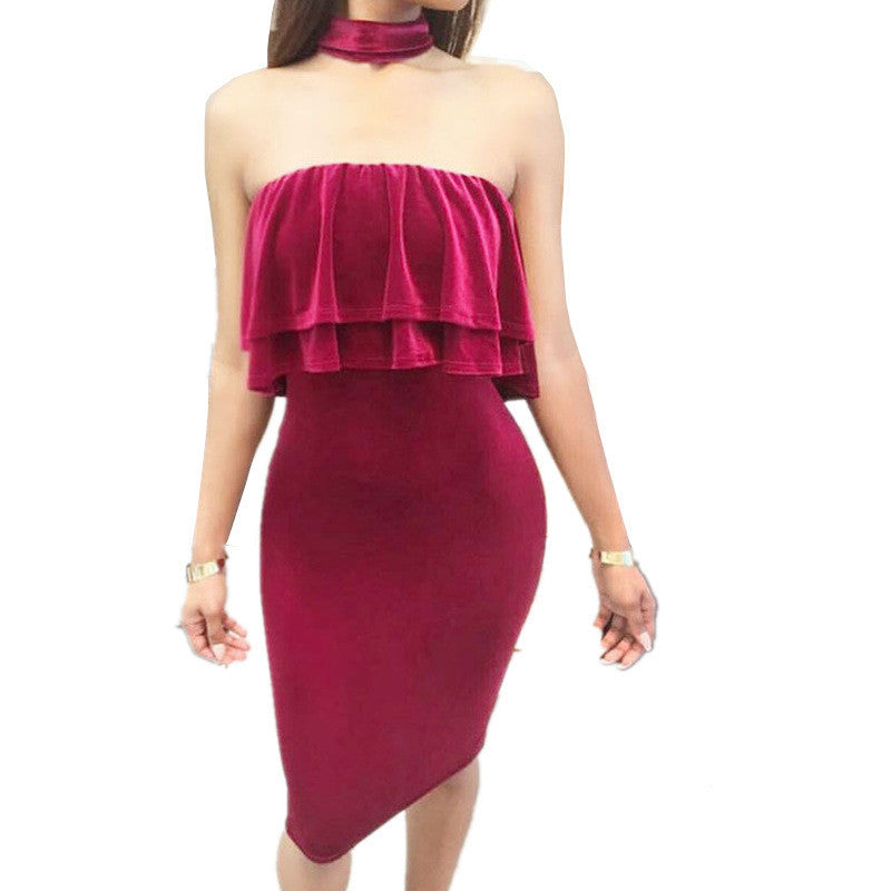 Sexy Halter Strapless Falbala Bodycon Knee-Length Dress