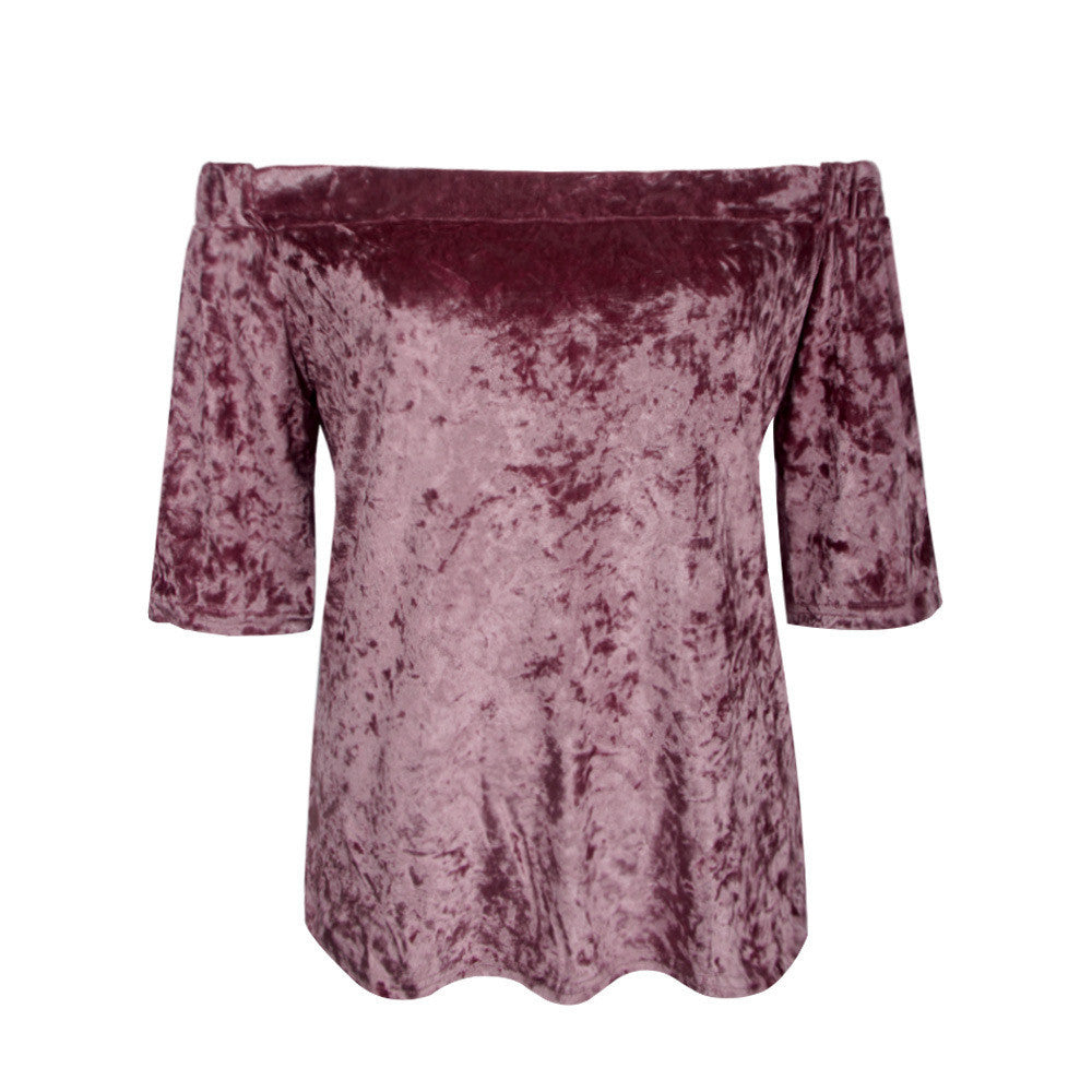 Fashion Elastic Off Shoulder Short Sleeve Velvet Blouse
