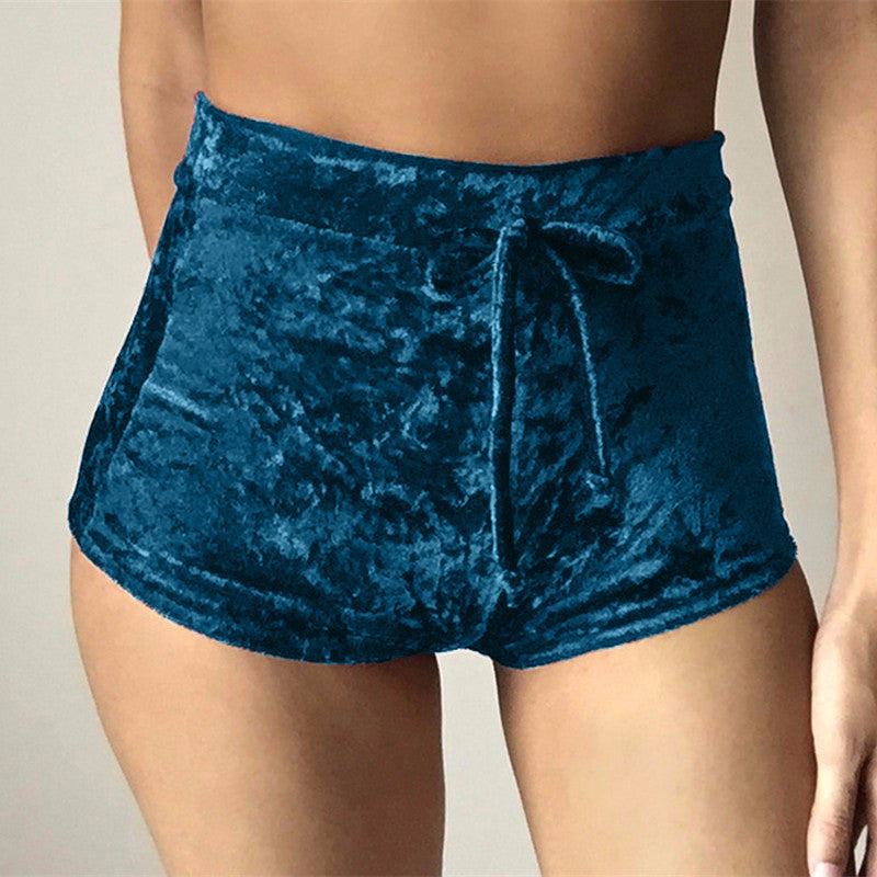 Fashion Pleuche High Waist Draw String Push Up Shorts