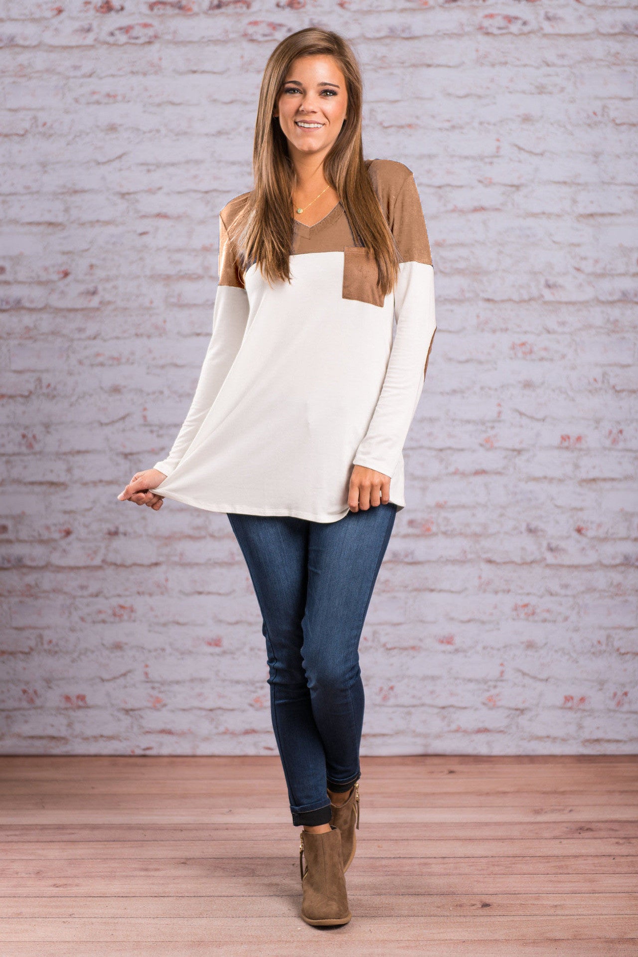 Fashion Contrast Color Long-Sleeve Round Neck Blouse