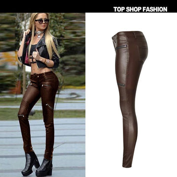 Free Shipping Clearence Solid Color PU Low Waist Zipper Long Skinny Pants