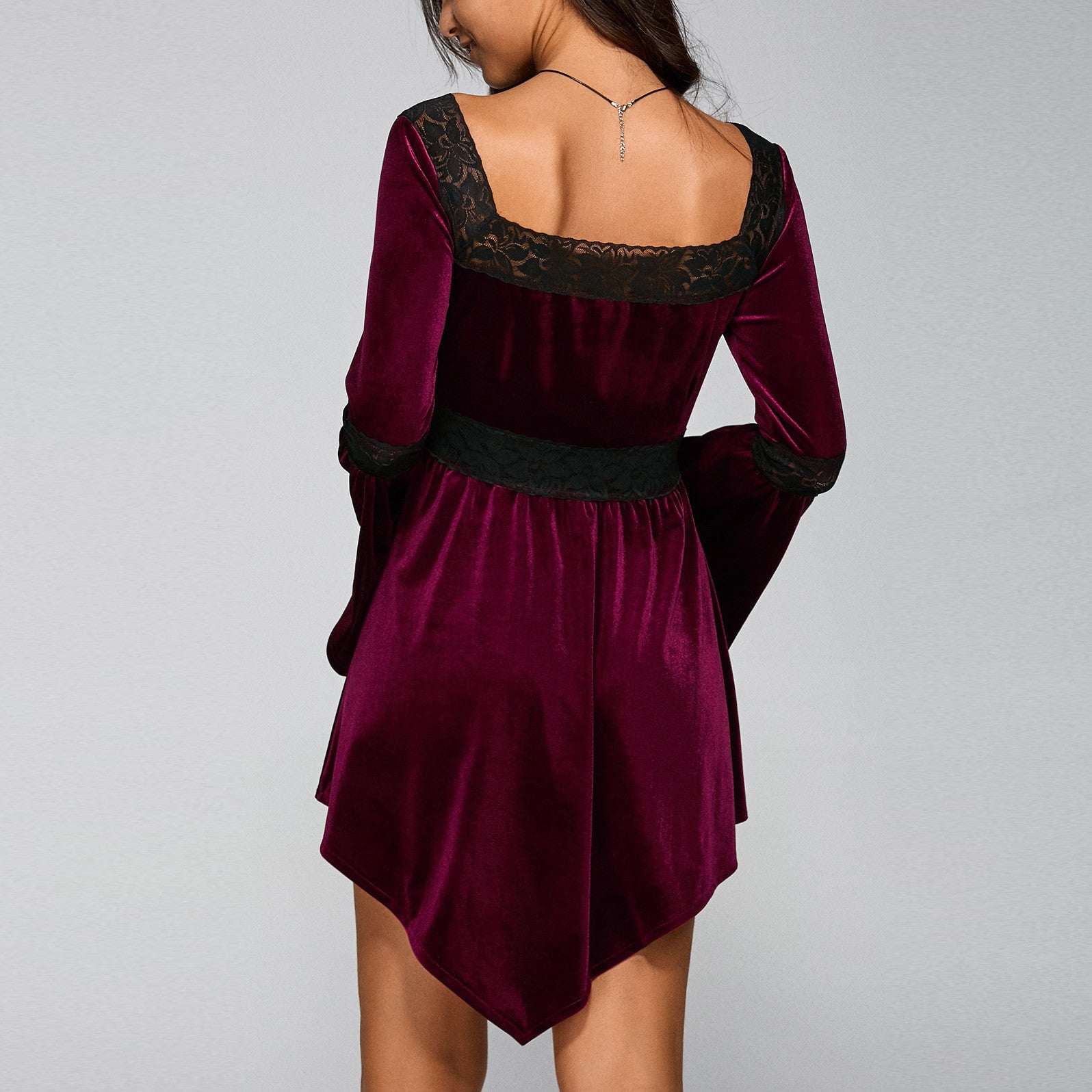 Retro Style Rosy Lace Up Irregular Lace Splicing Short Dress