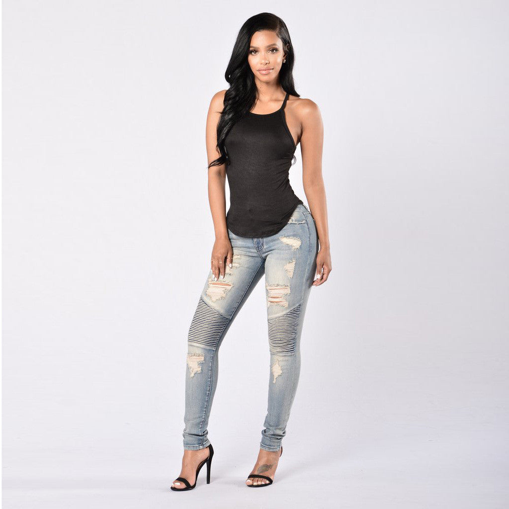 High Waist Draped Design Ripped Pencil Pants