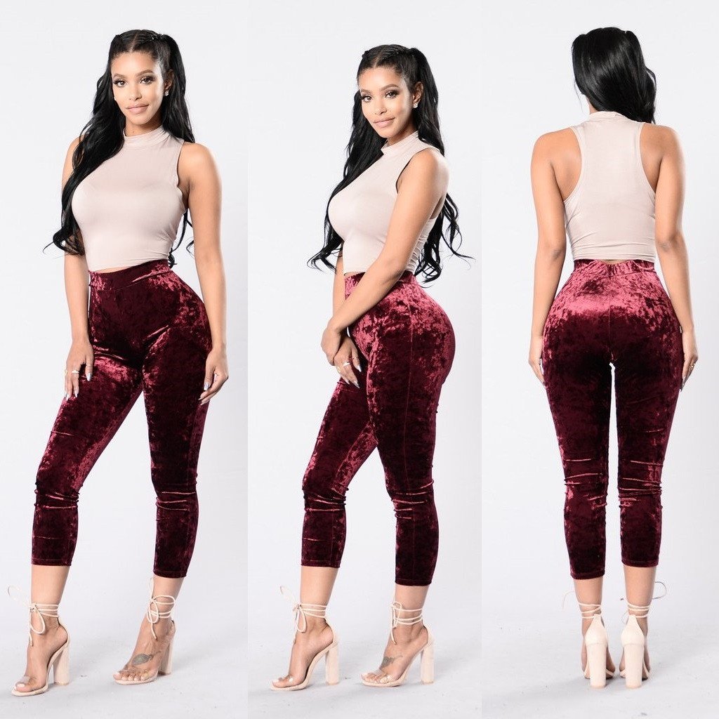Women's High Waist Pleuche Elastic Slim 7/10 Pants