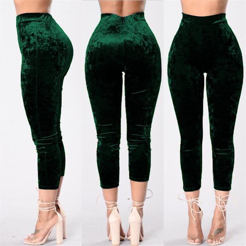 Women's High Waist Pleuche Elastic Slim 7/10 Pants