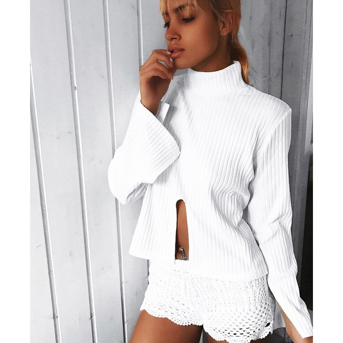 High Neck Stretchy Ribbed-Knit Split Long Sleeve Blouse