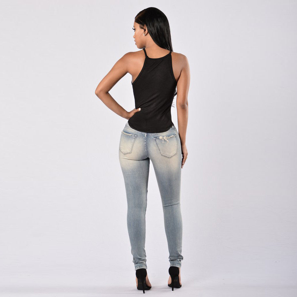 High Waist Draped Design Ripped Pencil Pants