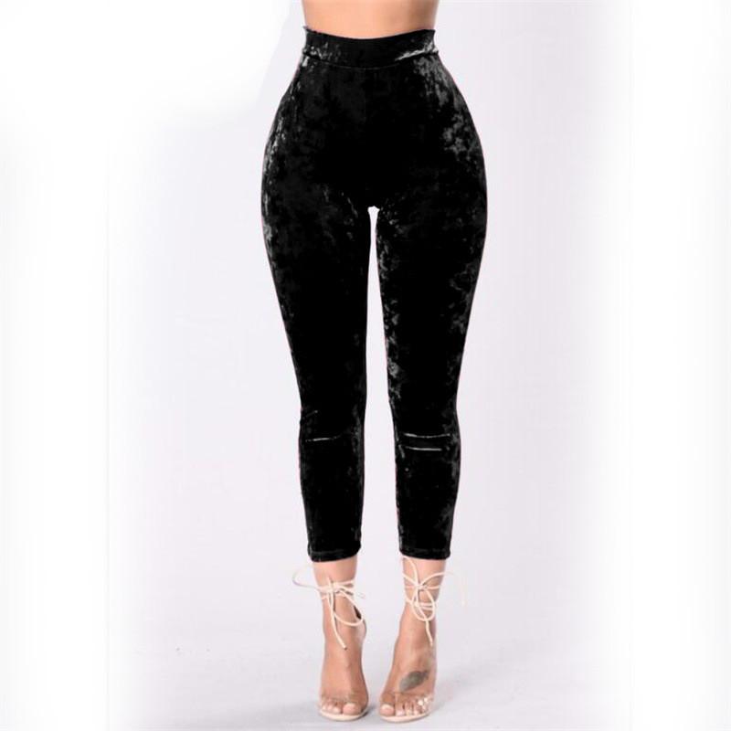 Women's High Waist Pleuche Elastic Slim 7/10 Pants