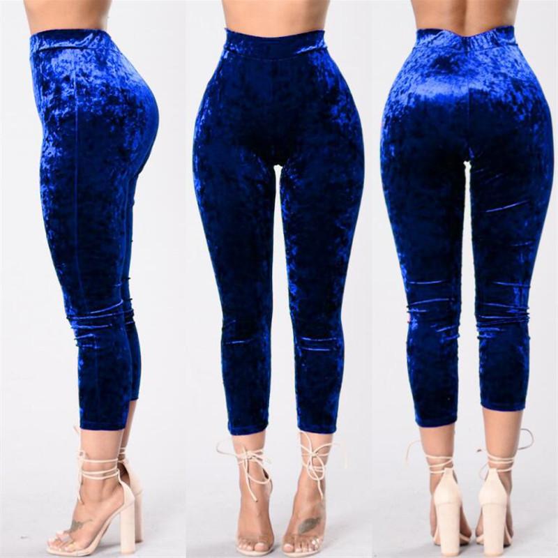 Women's High Waist Pleuche Elastic Slim 7/10 Pants