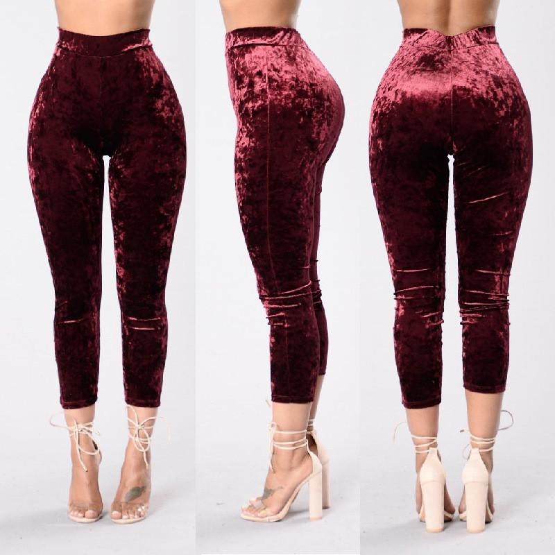 Women's High Waist Pleuche Elastic Slim 7/10 Pants