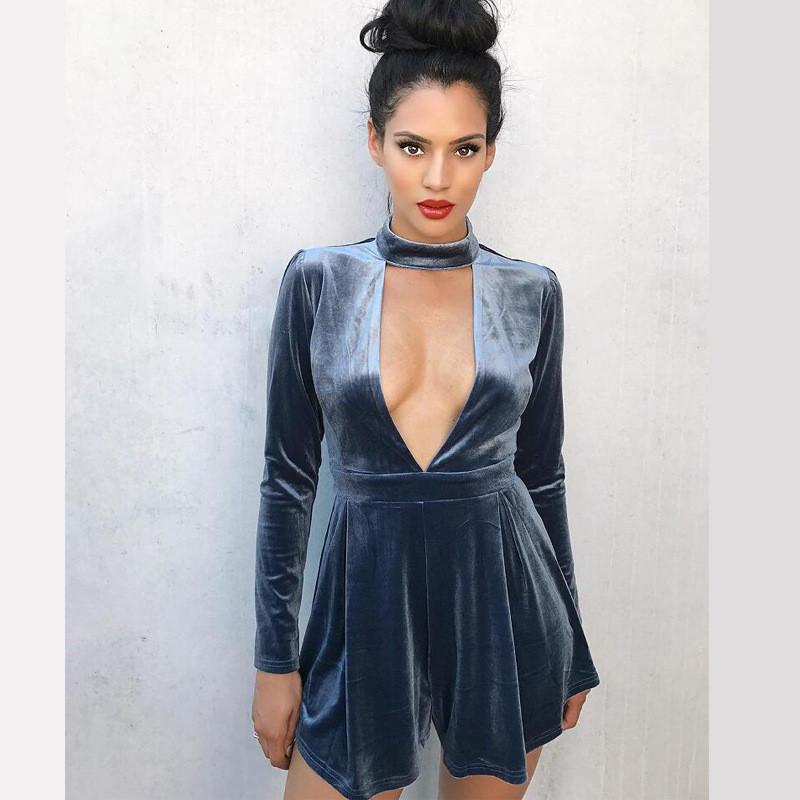Sexy Halter Deep V-neck Long Sleeves High Waist Short Jumpsuits