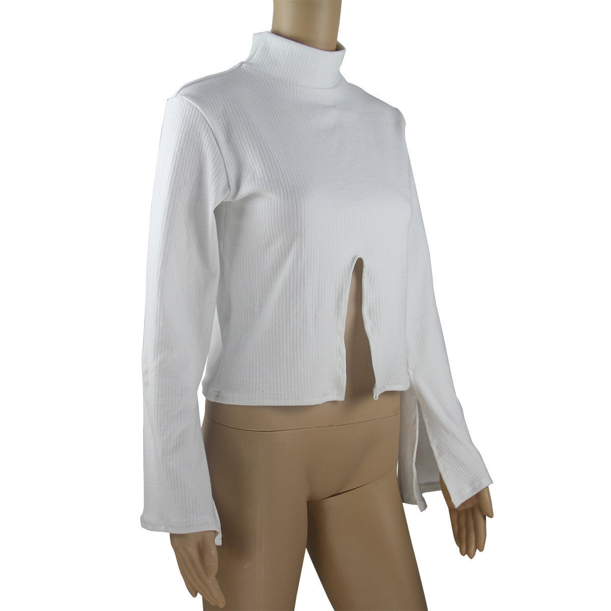 High Neck Stretchy Ribbed-Knit Split Long Sleeve Blouse