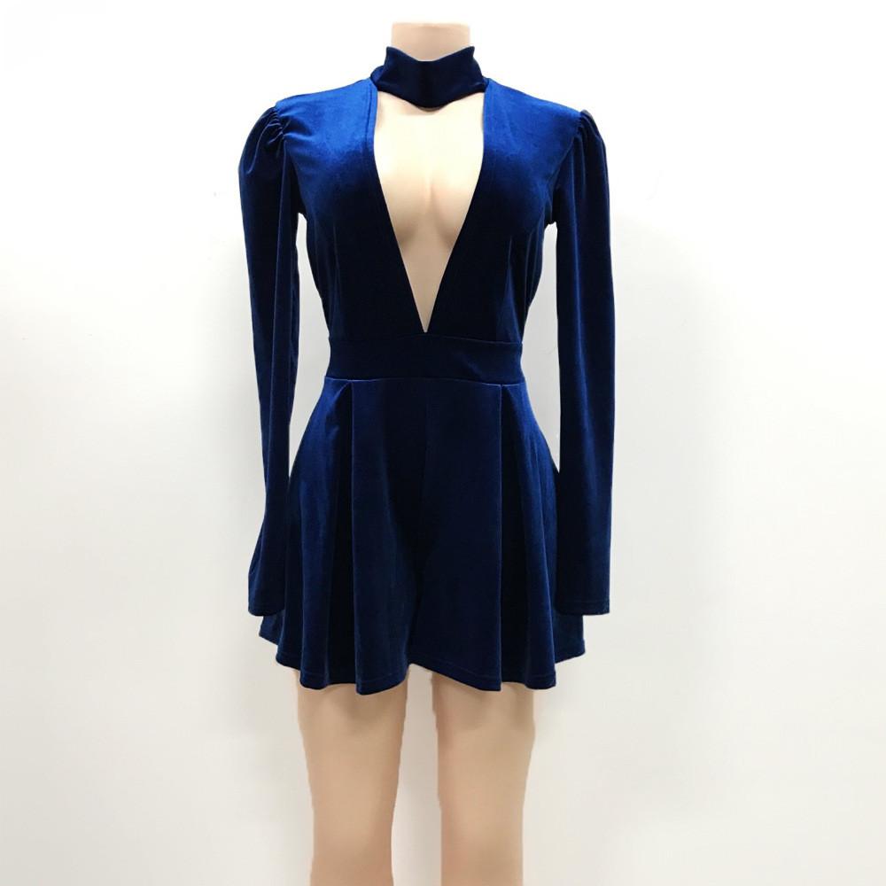 Sexy Halter Deep V-neck Long Sleeves High Waist Short Jumpsuits