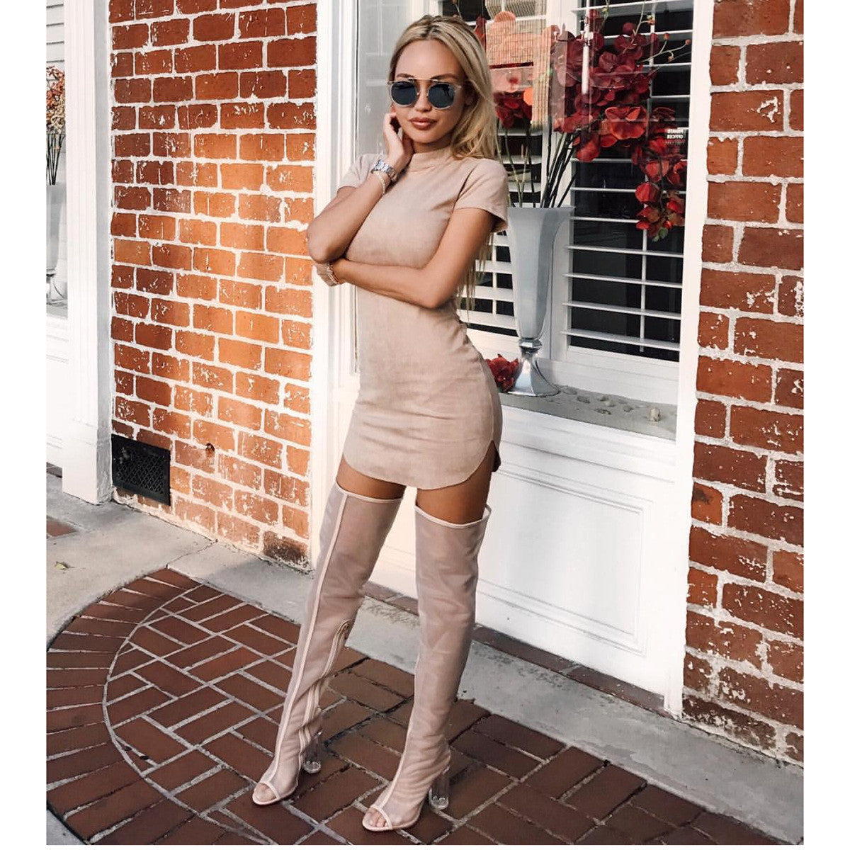 Fashion Suede Short Sleeve Irregular Bodycon Short Dress