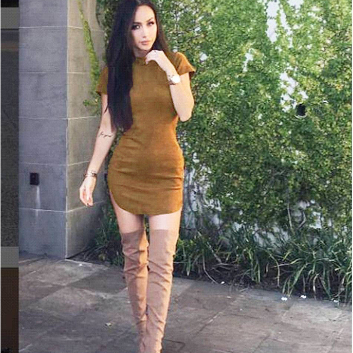 Fashion Suede Short Sleeve Irregular Bodycon Short Dress