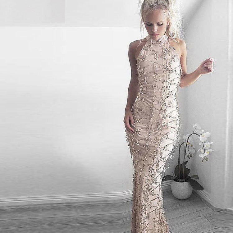 Sexy Halter Sequins Tassels Long Bodycon Belt Dress