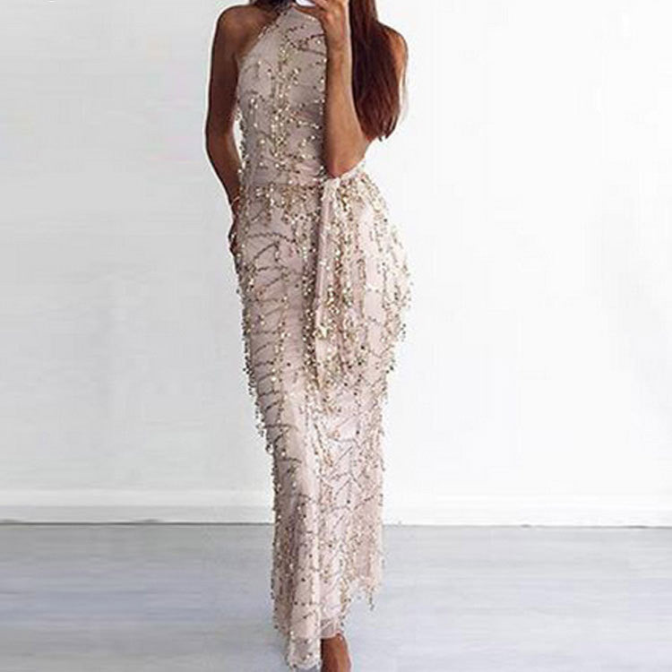 Sexy Halter Sequins Tassels Long Bodycon Belt Dress