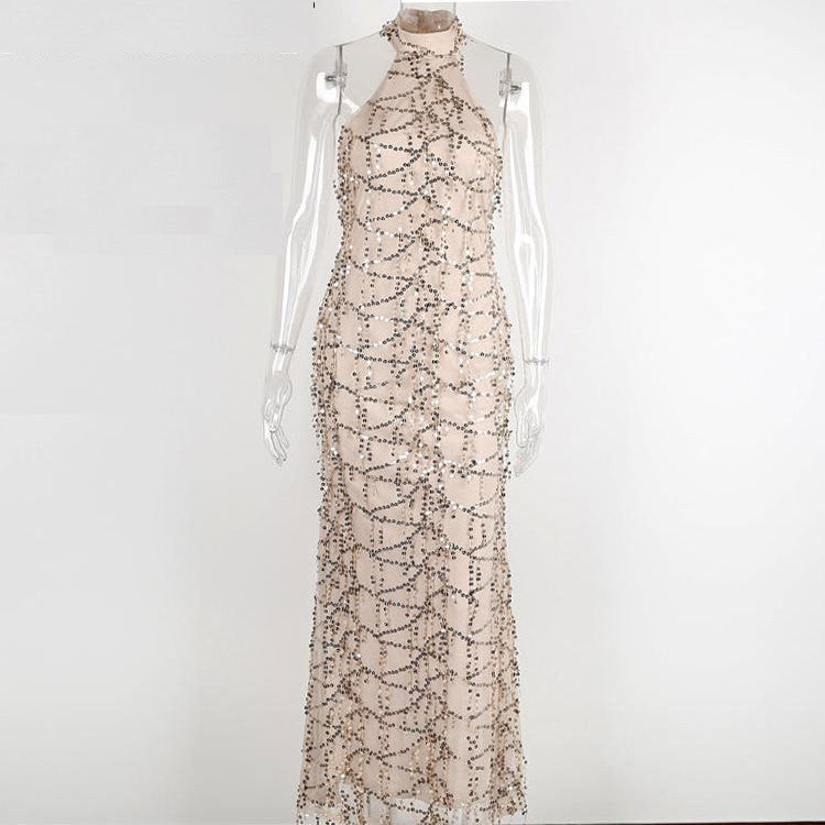 Sexy Halter Sequins Tassels Long Bodycon Belt Dress
