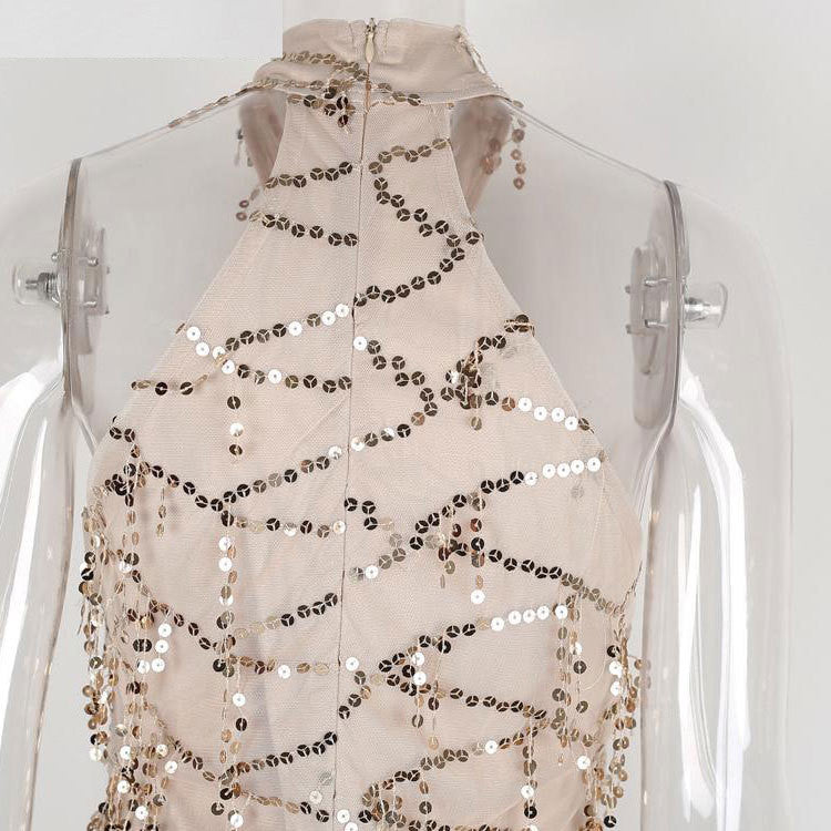 Sexy Halter Sequins Tassels Long Bodycon Belt Dress