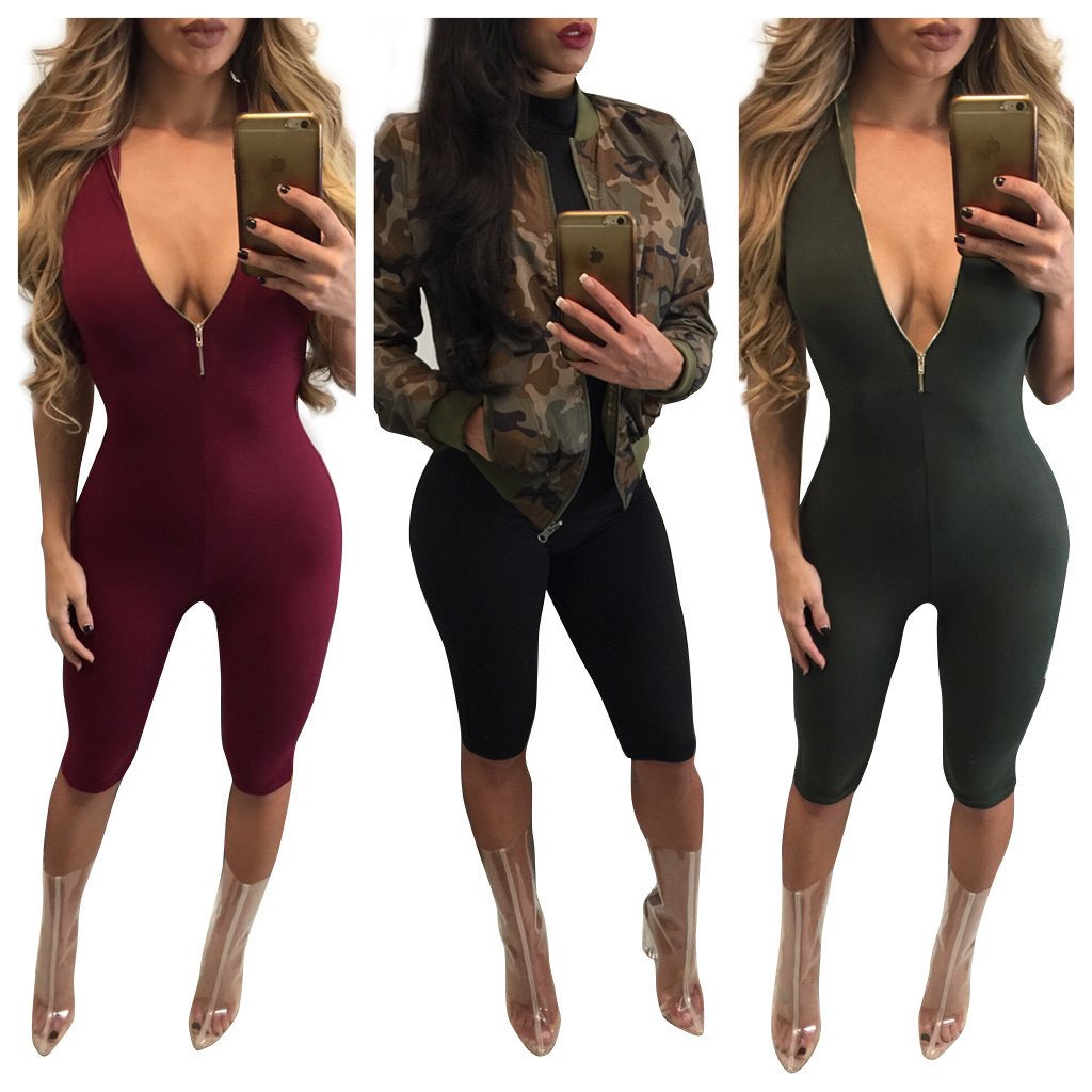 Deep V-neck Zipper Pure Color Both Side Short Jumpsuit