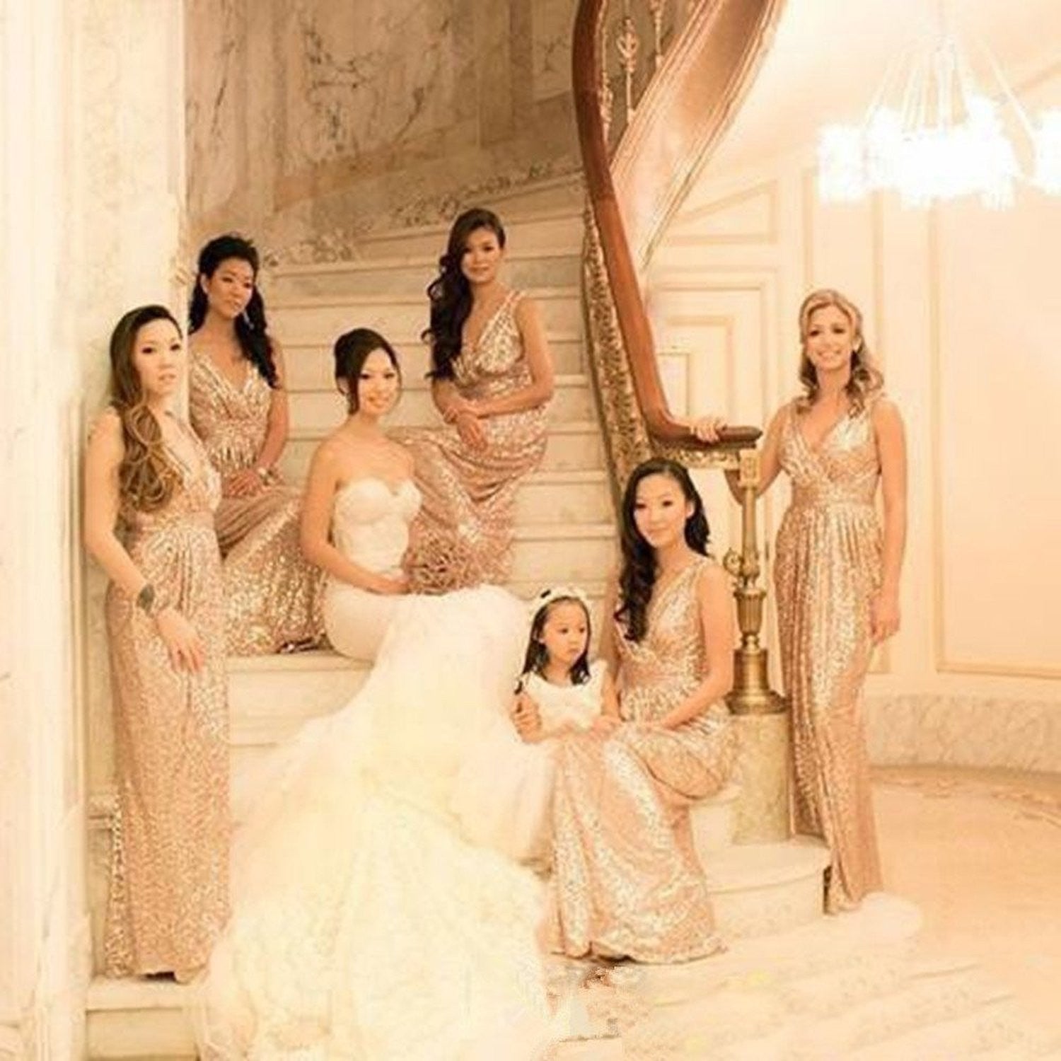 Sequins Deep V-neck High Waist Bridesmaid Party Long Dress