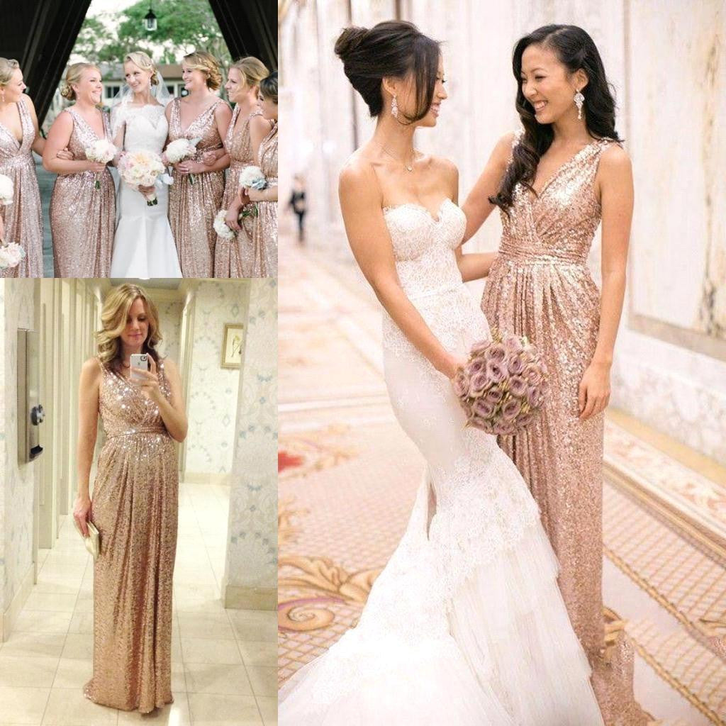 Sequins Deep V-neck High Waist Bridesmaid Party Long Dress