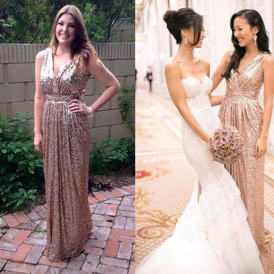 Sequins Deep V-neck High Waist Bridesmaid Party Long Dress