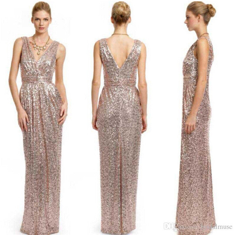 Sequins Deep V-neck High Waist Bridesmaid Party Long Dress