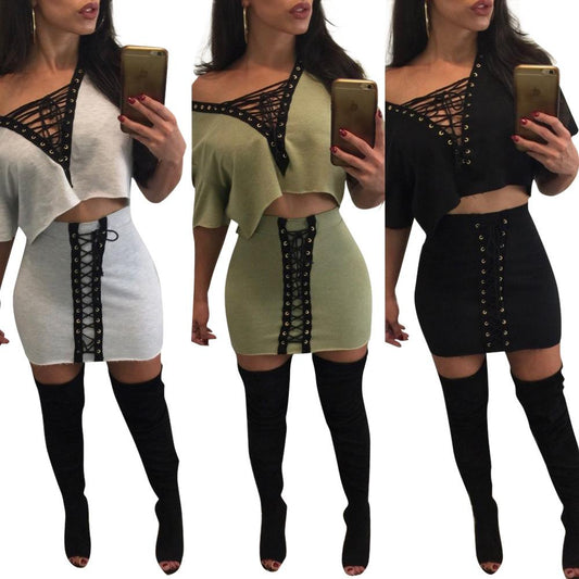 Straps Loose T-shirt with Short Skirt Two Pieces Dress Set
