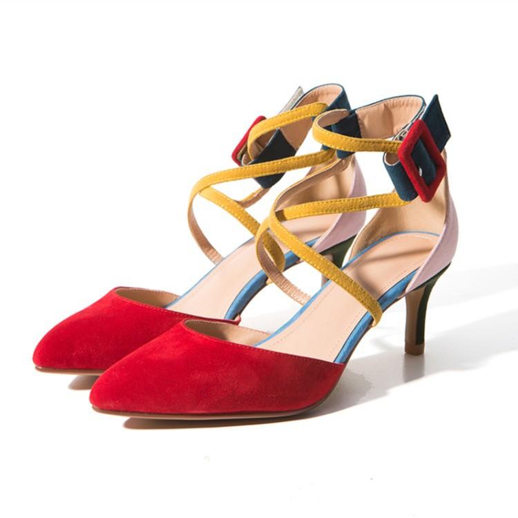 Colorful Hasp Straps Cross Pointed Toe High Stiletto Heels