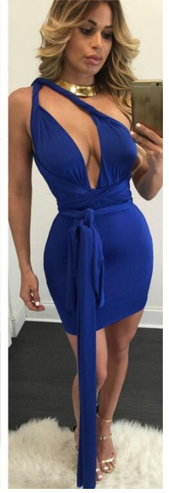 V-neck Pure Color Hollow Out Short Club Dress